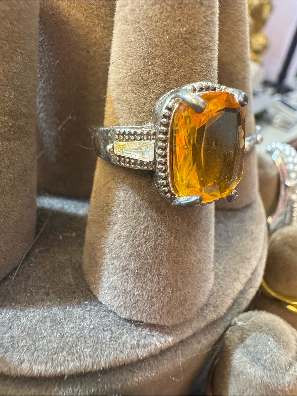 Sterling Silver Ring with Amber-Orange Cushion Stone